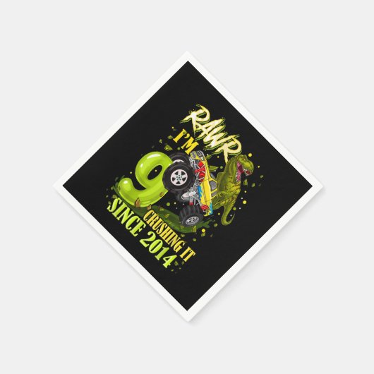 9歳の恐竜トレックスのモンスタートラック9番目の誕生日 スタンダードカクテルナプキン (角)