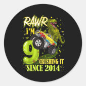 9歳の恐竜トレックスのモンスタートラック9番目の誕生日 ラウンドシール (正面)