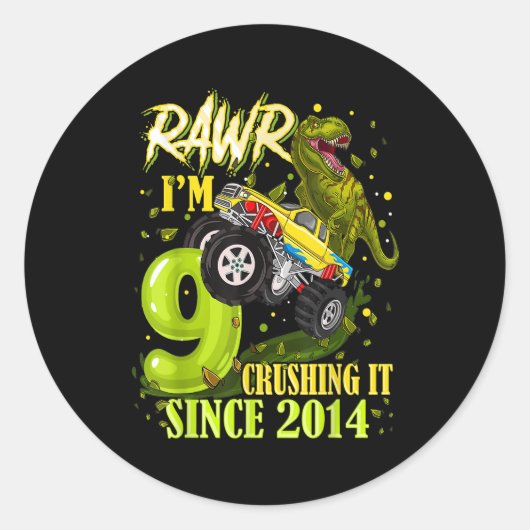 9歳の恐竜トレックスのモンスタートラック9番目の誕生日 ラウンドシール (正面)