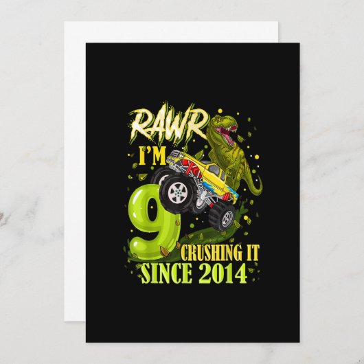 9歳の恐竜トレックスのモンスタートラック9番目の誕生日 招待状 (正面/裏面)