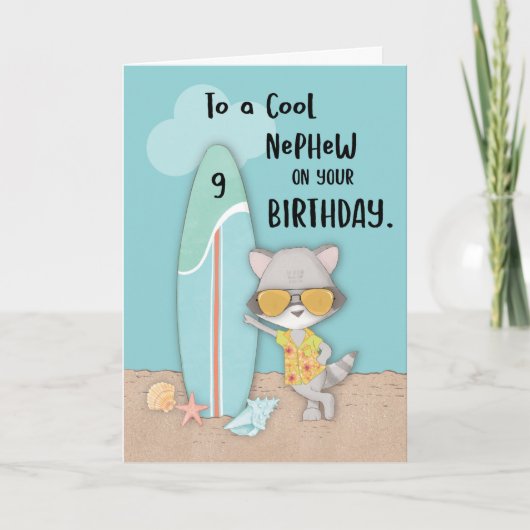 9歳の甥の誕生日 ビーチ 楽しい かっこいい アライグマ カード (正面)