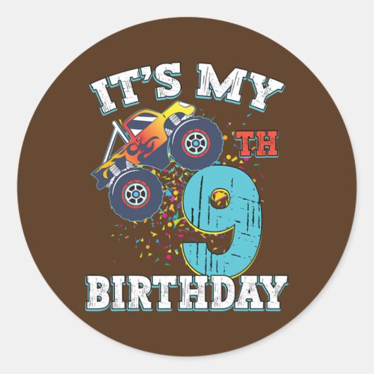 9歳の男の子ガール私の9誕生日モンスター ラウンドシール (正面)