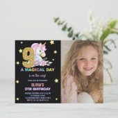 9歳の花のユニコーン誕生日招待状（写真付き） 招待状 (スタンド正面)
