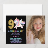 9歳の虹色ユニコーンの誕生日招待状の写真 招待状 (正面/裏面)