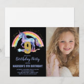 9歳の虹色ユニコーン誕生日招待状の写真 招待状 (正面/裏面)