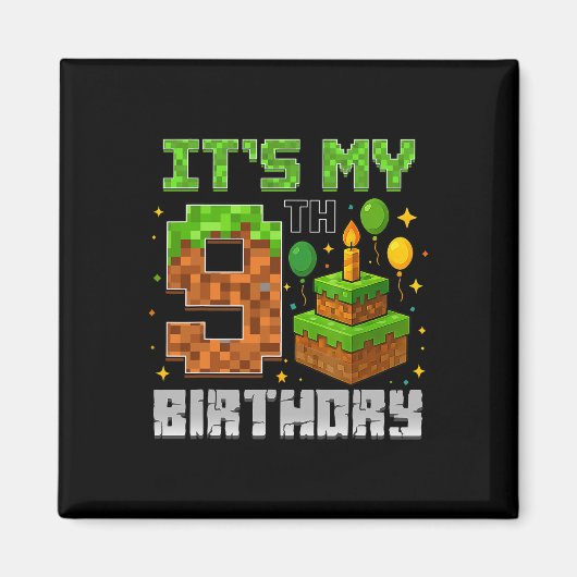9歳の誕生日おめでとう!ゲーマー男子 ピクセル少年 マグネット (正面)