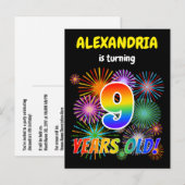 9歳の誕生日おめでとう - 楽しい花火と虹色の「9」 ポストカード (正面/裏面)