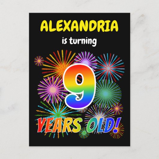 9歳の誕生日おめでとう - 楽しい花火と虹色の「9」 ポストカード (正面)