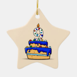 9歳の誕生日おめでとう！青いケーキに9のキャンドル セラミックオーナメント