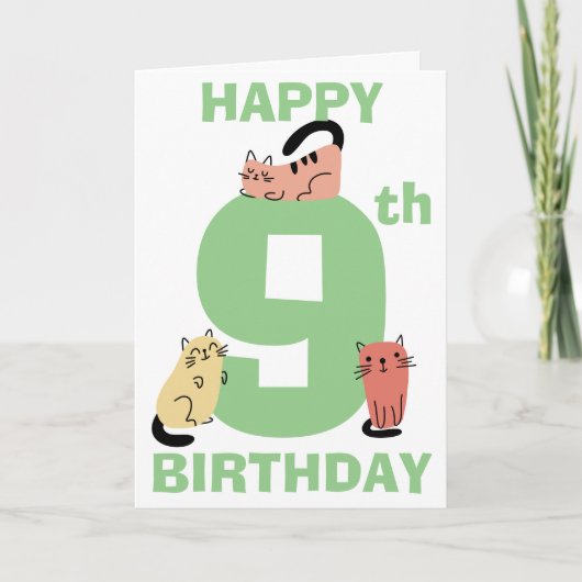 9歳の誕生日お祝い落書きネコ カスタムメッセージ カード (正面)