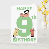 9歳の誕生日お祝い落書きネコ カスタムメッセージ カード (黄色い花)