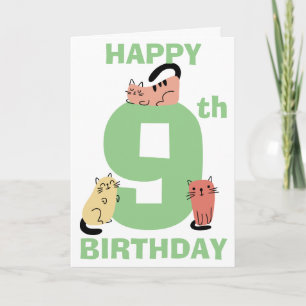 9歳の誕生日お祝い落書きネコ カスタムメッセージ カード