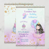 9歳の誕生日のお姫様カップケーキ風船 招待状 (正面/裏面)