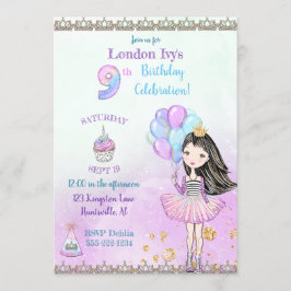 9歳の誕生日のお姫様カップケーキ風船 招待状