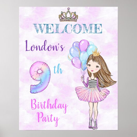 9歳の誕生日のお姫様 ラベンダー ターコイズ ポスター (正面)