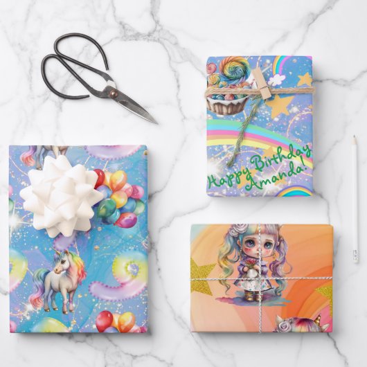 9歳の誕生日のユニコーンパーソナライズされたギフトラップ ラッピングペーパーシート (正面)