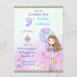 9歳の誕生日の女の子プリンセスカップケーキバルーン 招待状