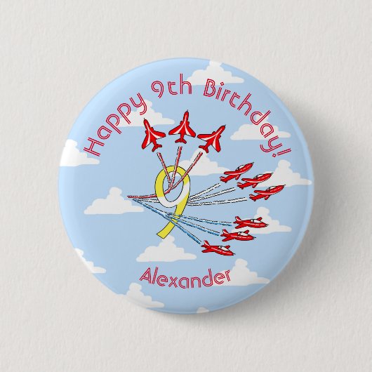 9歳の誕生日をお祝いする赤いジェット機 - 9th Birthday (Blue Sky) バッジ (正面)