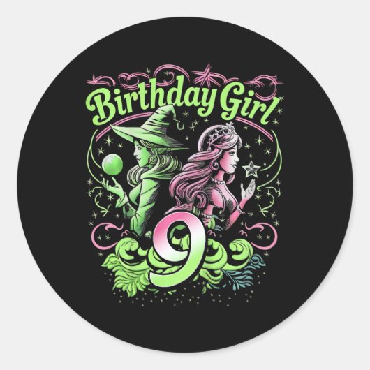 9歳の誕生日を祝う女の子の魔法使い ピンクとグリーン ラウンドシール (正面)