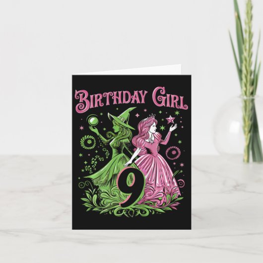 9歳の誕生日を祝う女の子 魔法使い ピンクとグリーン カード (正面)