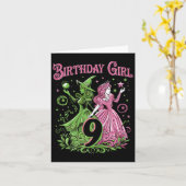 9歳の誕生日を祝う女の子 魔法使い ピンクとグリーン カード (黄色い花)