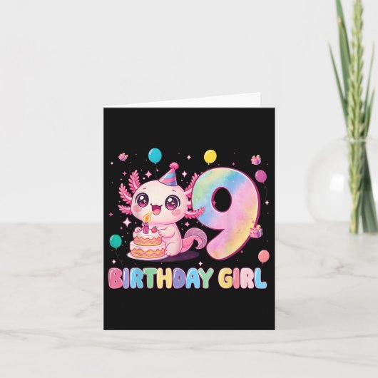 9歳の誕生日を迎える女の子に可愛いウーパールーパー カード (正面)