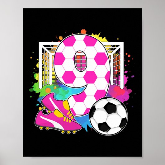 9歳の誕生日を迎える女の子 9歳のサッカー誕生日 ポスター (正面)