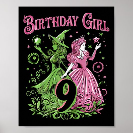 9歳の誕生日を迎える魔女っ子 ピンクとグリーン 9歳 ポスター (正面)