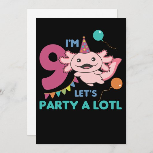 9歳の誕生日アクソロトル 9歳の子供にぴったりな可愛いアクソロトル 招待状 (正面/裏面)