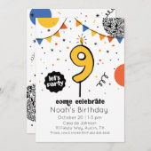 9歳の誕生日ケーキのろうそくドゥードル招待状 招待状 (正面/裏面)