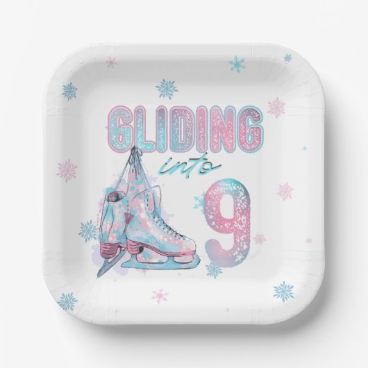 9歳の誕生日スケートで滑るパーティー ペーパープレート (正面)