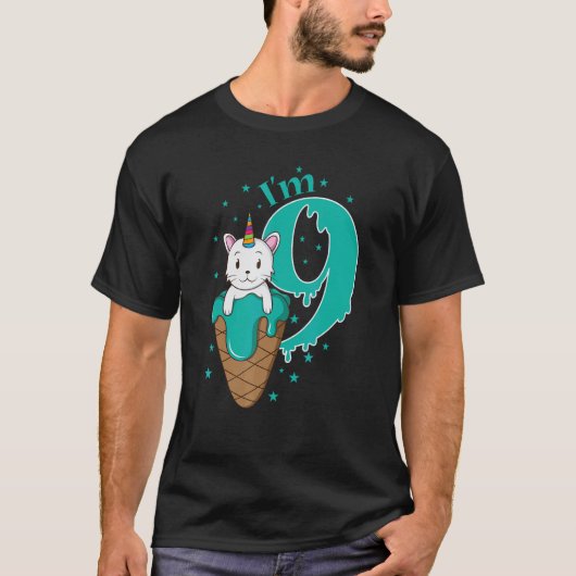 9歳の誕生日ネコユニコーンアイスクリームコーン Tシャツ (正面)