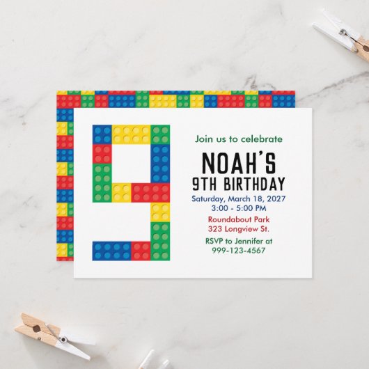 9歳の誕生日パーティーのためのビルディングブロックパーティー招待状 招待状 (正面/裏面インサイチュ)