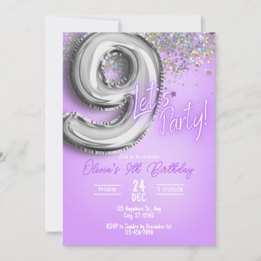 9歳の誕生日パーティーの招待状 紫色のラメ入り 招待状 (正面)