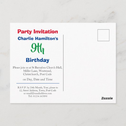 9歳の誕生日パーティー招待状 ポストカード (裏面)