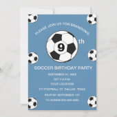 9歳の誕生日パーティー サッカー 青い少年 スポーツ 招待状 (正面)