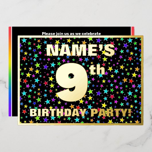9歳の誕生日パーティー - 楽しいカラフルな星柄 箔招待状 (正面/裏面)