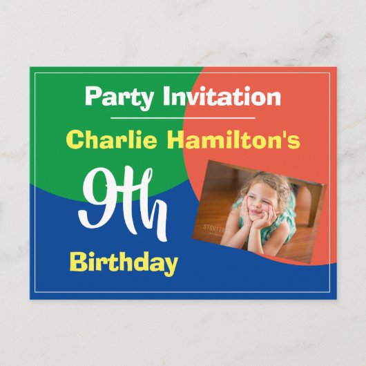 9歳の誕生日写真付き招待状 ポストカード (正面)