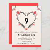 9歳の誕生日招待状のフローラハート 招待状 (正面/裏面)