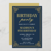 9歳の誕生日招待状誕生日パーティー女の子ネイビー 招待状 (正面/裏面)
