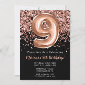 9歳の誕生日招待状 黒 バラ ゴールド グリッター 招待状 (正面)