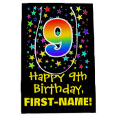 9歳の誕生日：カラフルな星柄と虹9 ミディアムペーパーバッグ (正面)