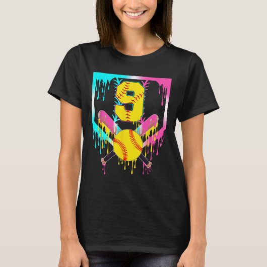 9歳の誕生日 ソフトボール ホームベース したたるアイスクリーム 9歳 Tシャツ (正面)