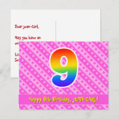 9歳の誕生日：ピンクのストライプとハート、虹色の9 ポストカード (正面/裏面)