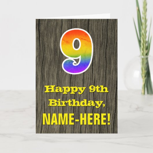 9歳の誕生日：ラスティックな木目調、レインボー"9" カード (正面)
