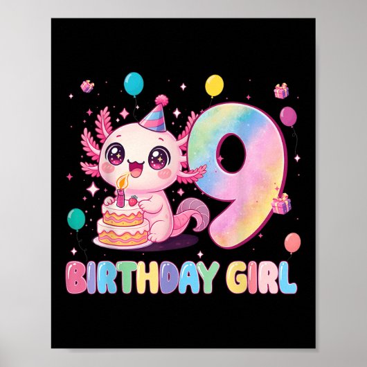 9歳の誕生日+可愛いウーパールーパー+女の子+9歳の誕生日 ポスター (正面)