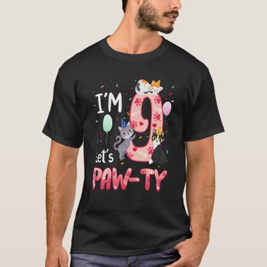 9歳の誕生日 女の子 猫 子猫 9歳 誕生日パーティー Tシャツ (正面)