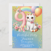 9歳の誕生日 子猫 レインボーパーティー 招待状 (正面)