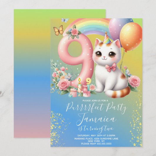 9歳の誕生日 子猫 レインボーパーティー 招待状 (正面/裏面)
