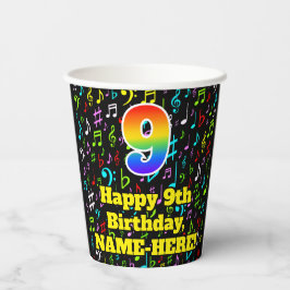 9歳の誕生日：楽しい音楽ノートパターン、虹色の9 紙コップ